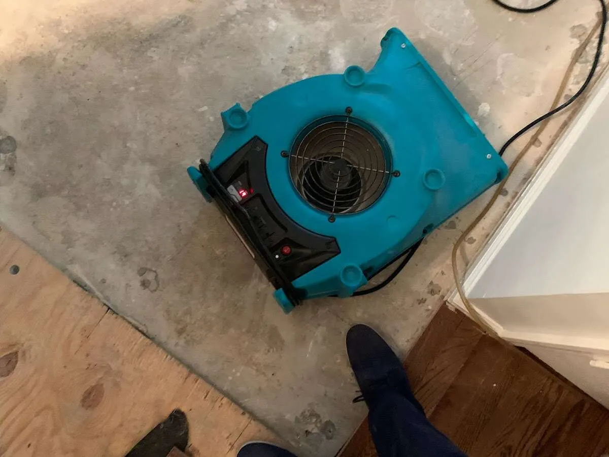 Air mover drying subfloor during Commercial Water Damage Restoration in North St. Paul